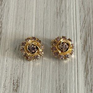 Gorgeous Vintage Clip On Earrings Light Purple Rhinestone Flowers